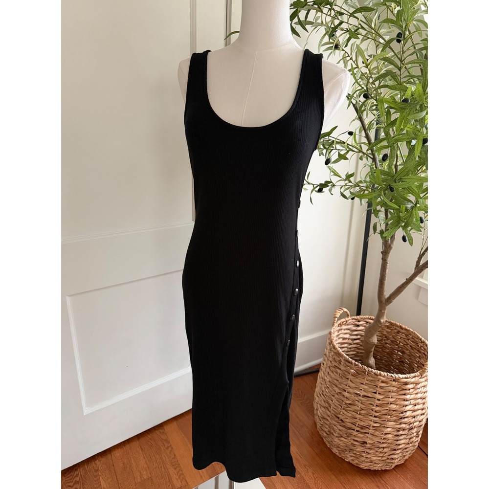Urban Outfitters Black Ribbed Button Side Slit Midi Dress Womens Med Sleeveless